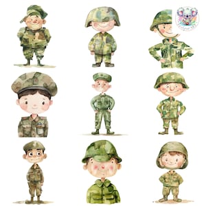 Aquarell Mann Clipart PNGs: 20 hochauflösende 300 DPI Militär Illustrationen zum Basteln, für Einladungen, und Dekorationen
