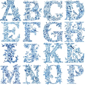 Premium aquarel blauwe toile bloemen letter alfabet clipart png's - 26 gedetailleerde 300 dpi bloemen alfabet graphics voor creatieve projecten