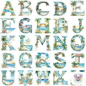 Clipart de alfabeto de casamento de destino em aquarela PNG, letras tropicais transparentes com palmeiras, praias e flores para designs elegantes