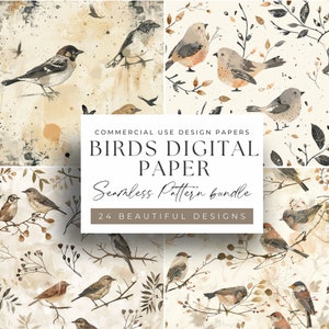 Puede incluir: Un paquete de papel digital con 24 patrones sin costuras que presentan ilustraciones de acuarela de pájaros y ramas. Los patrones están en tonos de marrón, beige y blanco, con una estética vintage. El texto "Birds Digital Paper Seamless Pattern Bundle 24 Beautiful Designs" se muestra en la imagen.