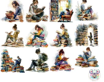 Watercolor Book Lover Clipart: Cozy Reader PNG Illustrations (Digital Download)
