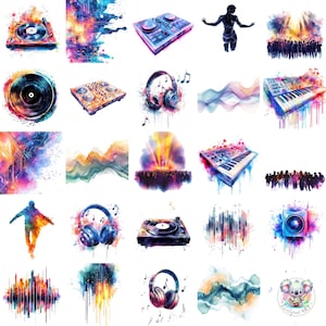 Aquarel 48 prachtige clipartillustraties met technothema, perfect voor muziekliefhebbers en om de levendigheid van de technocultuur te vieren