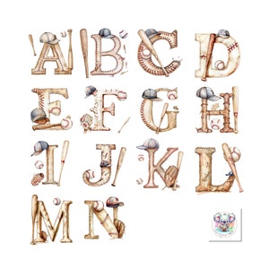 ABC de la pâte à modeler - Clipart aquarelle de l'alphabet de baseball - 26 fichiers PNG de police universitaire, parfait pour une décoration sportive