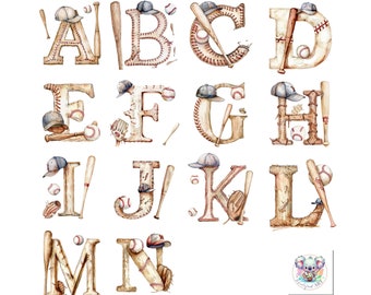 Aquarel honkbalalfabet clipart: Varsity-lettertype PNG's (digitale download)