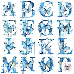 Alfabeto de mariposas azules, imágenes prediseñadas PNG: 26 letras de acuarela detalladas para proyectos creativos, manualidades e invitaciones