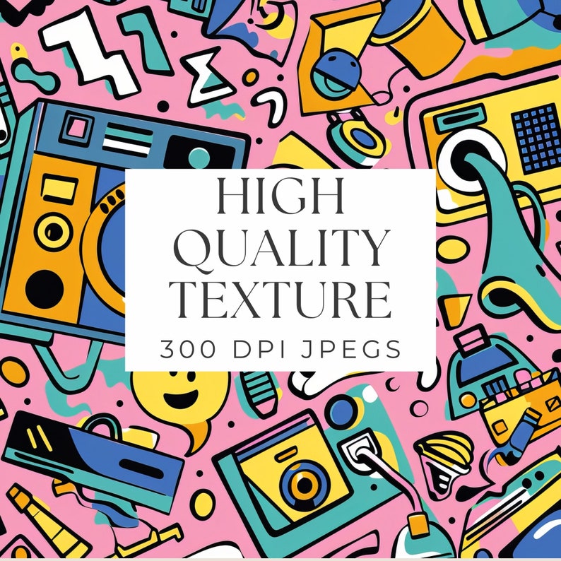Puede incluir: Un patr&oacute;n abstracto colorido con formas geom&eacute;tricas, c&aacute;maras y otros elementos de inspiraci&oacute;n retro. El texto "HIGH QUALITY TEXTURE 300 DPI JPEGs" se muestra en un cuadro blanco.