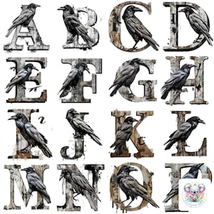 Gotische elegantie: 26 clipart-png's met kraaialfabetletters | Ontwerpen met hoge resolutie van 300 dpi voor spookachtige halloweenknutsels en rustiek decor