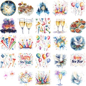 Clipart du Nouvel An : feux d&#39;artifice, champagne, ballons (téléchargement numérique)