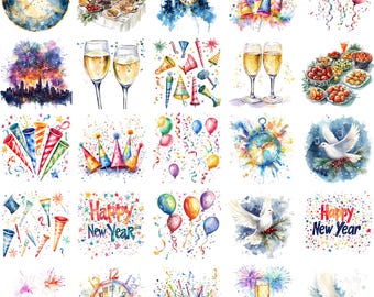 New Year's Day Clipart: Celebration Fireworks, Champagne, Balloons (Digital Download)