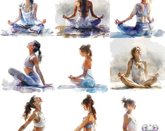 May include: A watercolor painting of nine women in various yoga poses. The women are all wearing different colored clothing and have their hair pulled back. The background is a soft, watercolor wash of blue and gray.