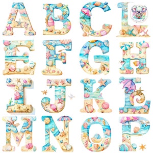 PNG de imágenes prediseñadas del alfabeto de acuarela de playa de verano: 26 letras completas con conchas marinas, estrellas de mar y decoración de playa, 300 DPI