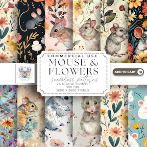 Enchanted Garden - Mouse and Flowers Seamless Pattern Digital Paper - 24 High-Resolution 300 DPI JPEGs