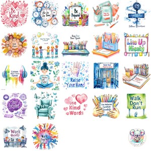 May include: A set of 20 watercolour illustrations featuring classroom rules and reminders for pupils. The illustrations are colourful and feature a variety of themes, including kindness, respect, and responsibility. The text in the illustrations includes phrases such as "Be Kind", "Help Others", "Listen When Others Speak", "Stay Focused", "Work Quietly", "Work Together", "Be Prepared", "Keep Your Space", "Raise Your Hand", "Use Kind Words", "Follow Directions", "Line Up Nicely", "Walk Don't Run", "Practice Self-Control", and "Use Materials Carefully".