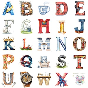 Alfabeto en acuarela para el Día del Padre (PNG), letras transparentes con herramientas, temas deportivos y de barbacoa para tarjetas y manualidades para papá.