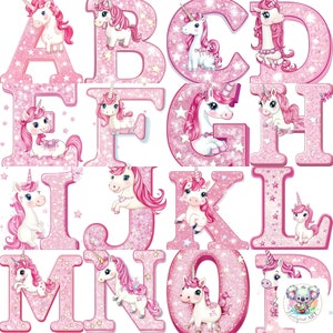 Alfabeto de unicornio kawaii, imágenes prediseñadas PNG, letras de unicornio rosa con purpurina A-Z, descarga digital de alta resolución de 300 DPI para manualidades y decoración