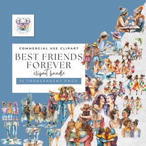Paquete de imágenes prediseñadas de Best Friends: 35 PNG de acuarela de alta resolución, 300 DPI para uso comercial