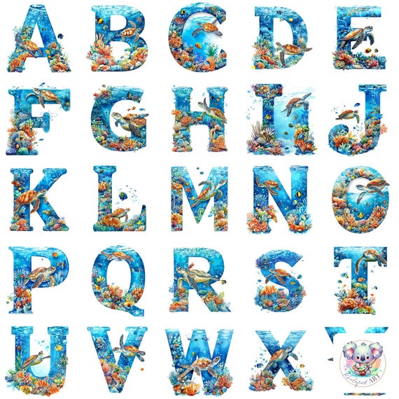 Great Barrier Reef Alphabet Clipart PNG, Sea Turtle Letter Art (Digital Download)