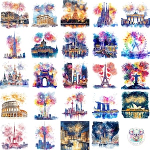 Illustrations Clipart 96 monuments emblématiques du monde entier illuminés par les feux d'artifice du Nouvel An