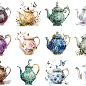 Vintage Teapot Clipart Set PNG, Watercolor Victorian Tea Pots, Transparent Floral, Porcelain & Ornate Designs for Crafts and Decor