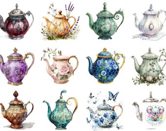 Watercolor Vintage Teapot Clipart Set: Floral Victorian PNG (Digital Download)