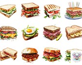 Watercolor Sandwich Clipart: 48 Food Illustrations (PNG)