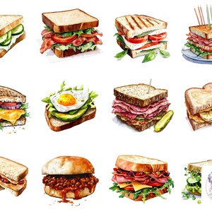 Clipart sandwich aquarelle PNG : 48 illustrations délicieuses pour des créations culinaires, des menus et des célébrations de la Journée nationale du sandwich