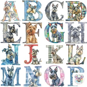 Scottie Charm : 26 cliparts de lettres de l'alphabet aquarelle Terrier écossais | Motifs haute résolution de 300 ppp pour l'artisanat et la décoration des amoureux des chiens