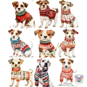 Aquarell Hunde in Weihnachtspullover Clipart PNG: 20 hochauflösende 300 DPI festliche Hunde Illustrationen zum Basteln, für Einladungen, Urlaub Dekor
