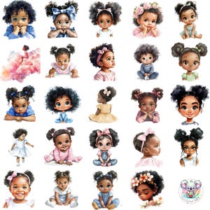 Watercolor Black Baby Girl Clipart PNG, Cute African American Baby Art, 40 Standalone Transparent Characters for Nursery and Crafts