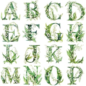 Cliparts de l'alphabet muguet à l'aquarelle PNG : 26 illustrations éclatantes haute résolution de 300 ppp pour travaux manuels et décoration