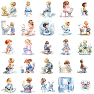 Aquarel zindelijkheidstraining clipart png, transparante grillige peuterkunst, gezellige badkamertaferelen voor ambachten, verhalenboeken en ontwerpen