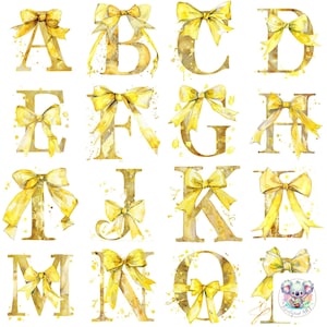 Imágenes prediseñadas PNG de letras del alfabeto con lazo amarillo elegante: 26 imágenes transparentes decorativas de 300 DPI para invitaciones, manualidades y decoración de fiestas