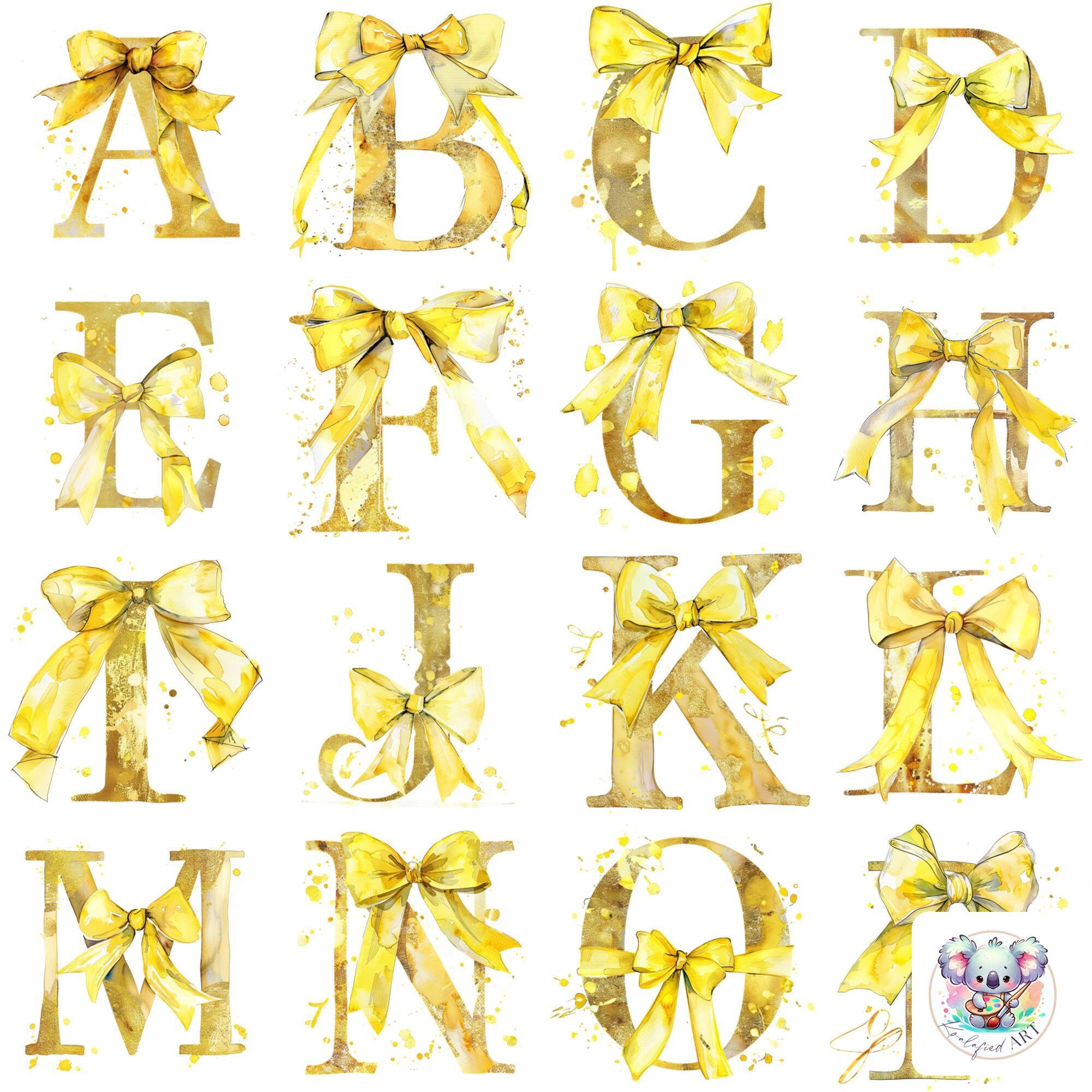 Elegante Gelb Schleife Alphabet Buchstaben Cliparts PNGs: 26 dekorative 300 dpi transparente Bilder für Einladungen, Kunsthandwerk & Party Dekor