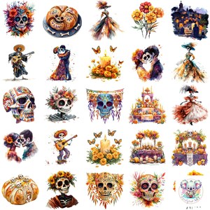 Aquarell Dista de los Muertos Clipart PNG: 48 lebendige und festliche Tag der Toten Illustrationen zum Basteln, für Einladungen und Dekorationen