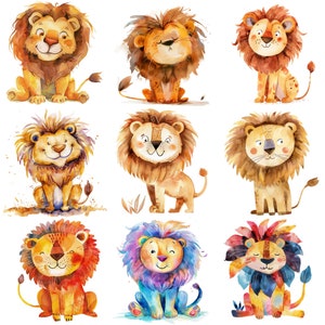 Kreatives Aquarell schrulliges Löwen-Clipart PNG: 18 Bilder bei 300 DPI, ideal für Scrapbooking, Basteln und Lernmittel
