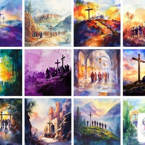 Aquarell Kreuzweg Clipart PNG, transparente und ganzseitige Passion of Christ Art, 88 Szenen für die Fastenzeit, Kirche, Sonntagsschule