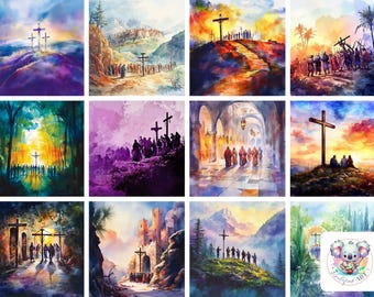 Watercolor Stations of the Cross Clipart: Passion of Christ Art (PNG)