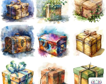 Watercolor Mystery Box Clipart: 20 Unique Illustrations (Digital Download)