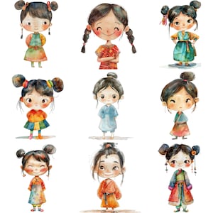 Charming Watercolor Cute Chinese Girls Clipart PNGs - 24 300 DPI Images for Cards, Home Decor, and Crafting Inspirations