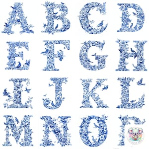Elegante blauwe chinoiserie-alfabet clipart – 26 decoratieve AZ-letters met ingewikkelde bloemen- en vogelmotieven voor creatieve projecten