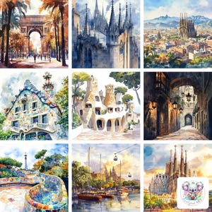 Barcelona Landmarks Watercolor Clipart Set (Digital Download)