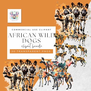 Savannah Splendor - Collezione di clipart di cani selvatici africani - Confezione da 20 PNG ad acquerello - Sfondo trasparente - Uso commerciale