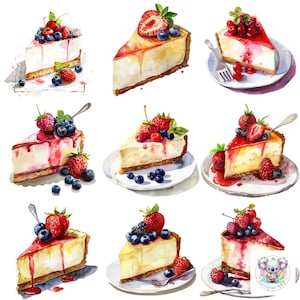 24 Cheesecake Clipart Collection - Watercolor Illustrations for Crafting, Decor, and Culinary Projects - Tasty and Creamy Cheesecake