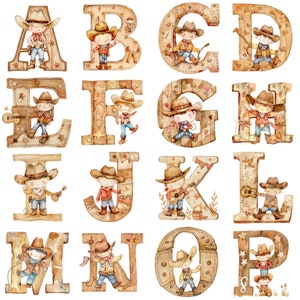 Lindo acuarela vaquero bebé ducha letra alfabeto conjunto de imágenes prediseñadas - 26 PNG transparentes, 300 DPI, ideal para el arte de la habitación de los niños