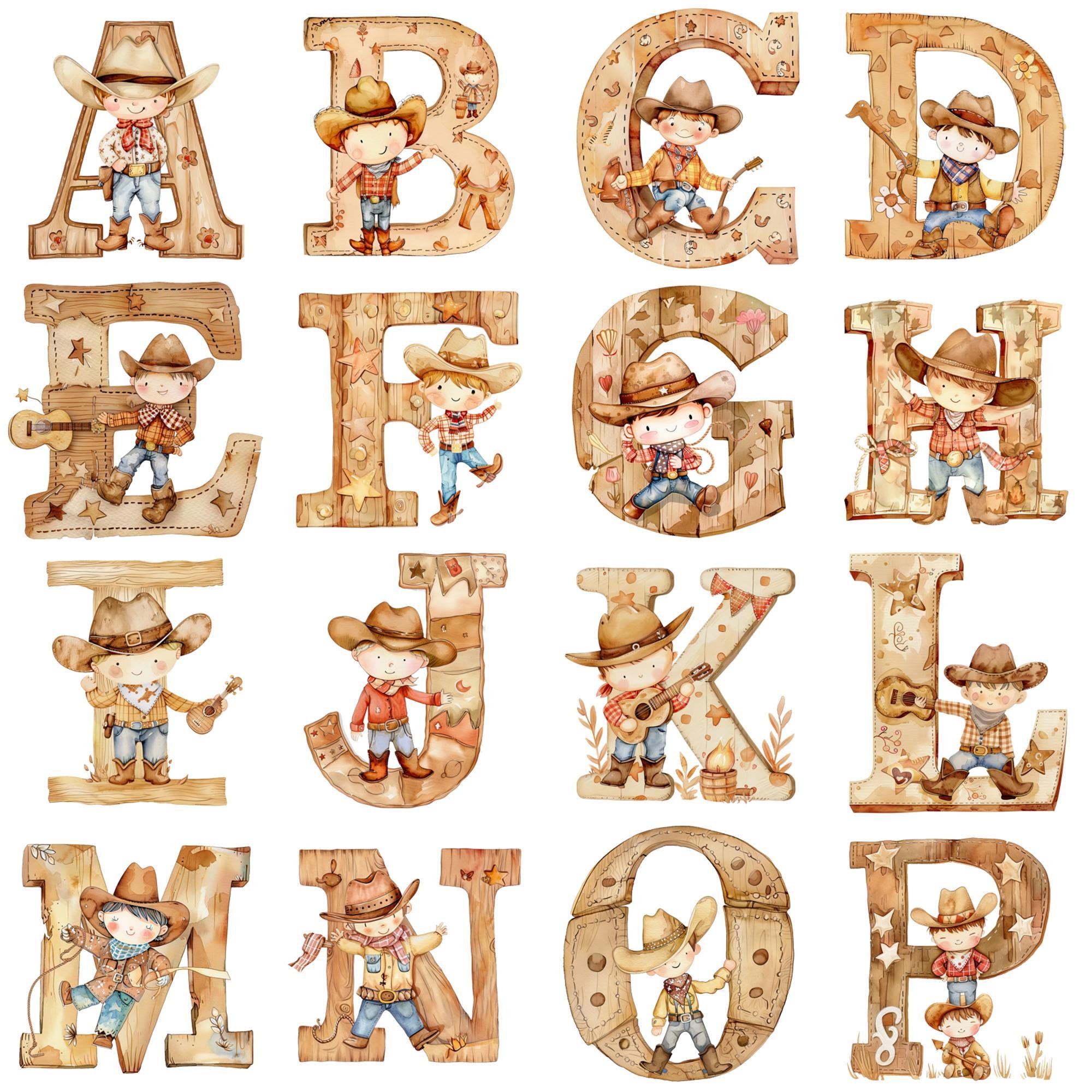 Watercolor Cowboy Alphabet Clipart: Baby Shower Letters (PNG Digital Download)