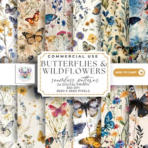 May include: A set of 24 digital seamless patterns featuring watercolour butterflies and wildflowers. The patterns are 3600 x 3600 pixels and 300 DPI. The patterns are for commercial use.
