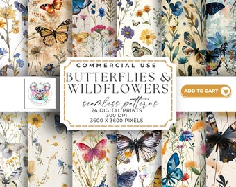 Enchanted Garden - vlinders en wilde bloemen naadloos patroon digitaal papier - 24 set, 300 dpi