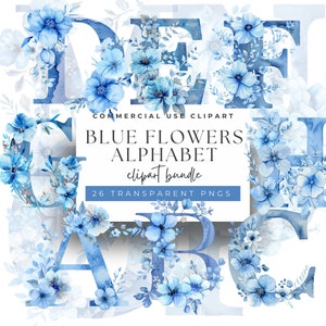 Letras florecientes - Imágenes prediseñadas del alfabeto de flores azules de acuarela - 26 PNG florales elegantes, 300 DPI