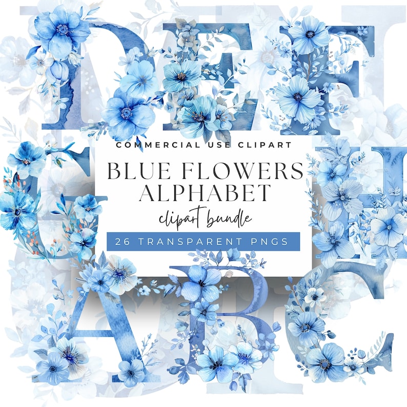 May include: Blue watercolor alphabet letters with floral designs.  Commercial use clipart bundle. 26 transparent PNGs.