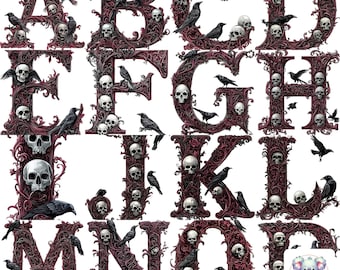 May include: An alphabet with gothic style letters, each letter is decorated with skulls and ravens. The letters are in a dark red color and are set against a white background.